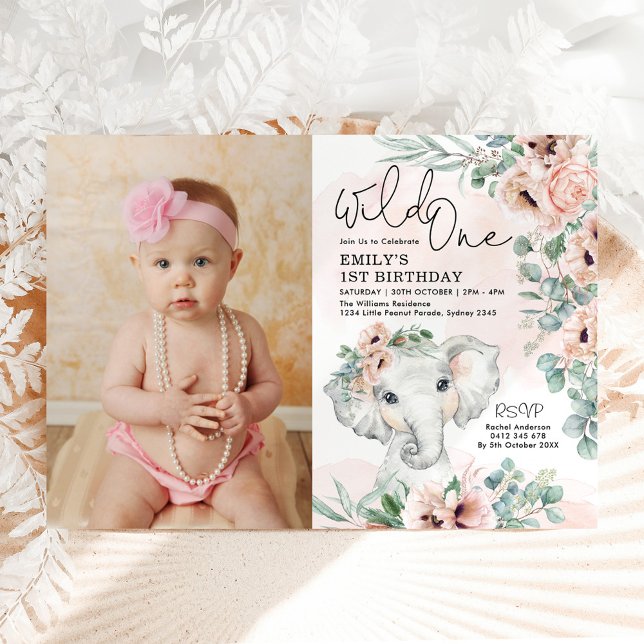 Girl Elephant Wild One Blush Floral Birthday Photo Invitation (Creator Uploaded)