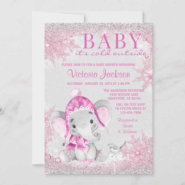 Girl Elephant Winter Snowflake Baby Shower Invitation (Front)