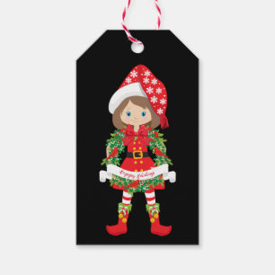 Girl Elf/Brunette /in Red with Wreath & Cardinals Gift Tags
