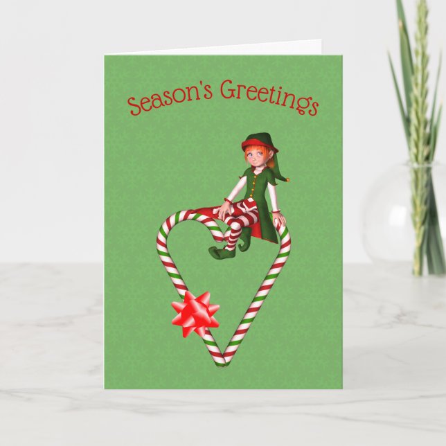 Girl Elf Candy Cane Heart Holiday Christmas Card (Front)