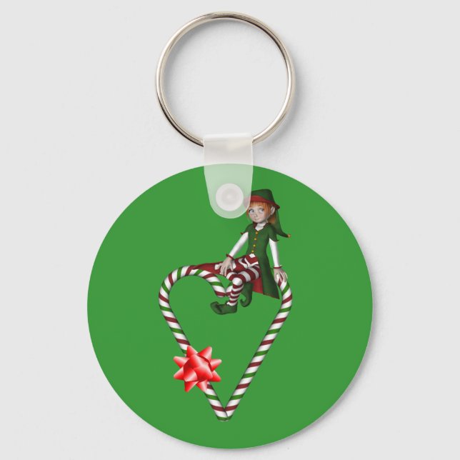 Girl Elf Candy Canes Christmas Holiday Keychain (Front)