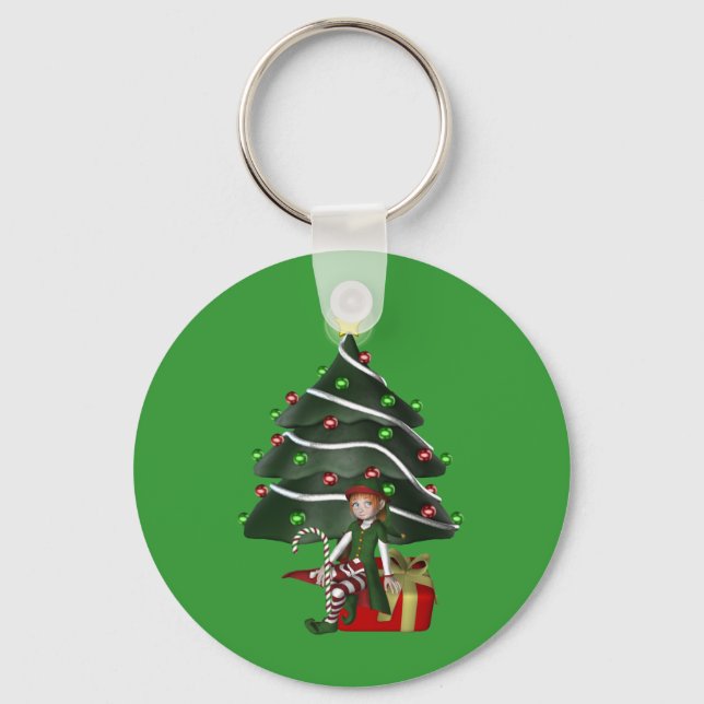 Girl Elf Christmas Tree Holiday Keychain (Front)