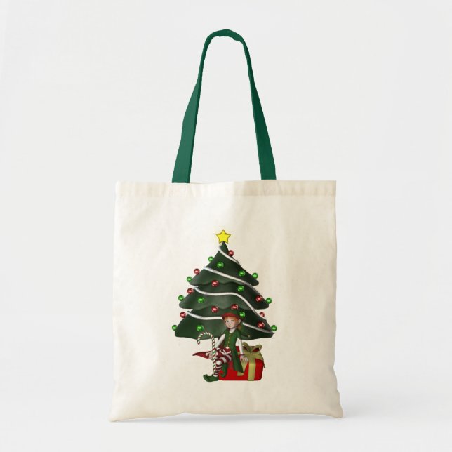 Girl Elf Christmas Tree Holiday Tote Bag (Front)