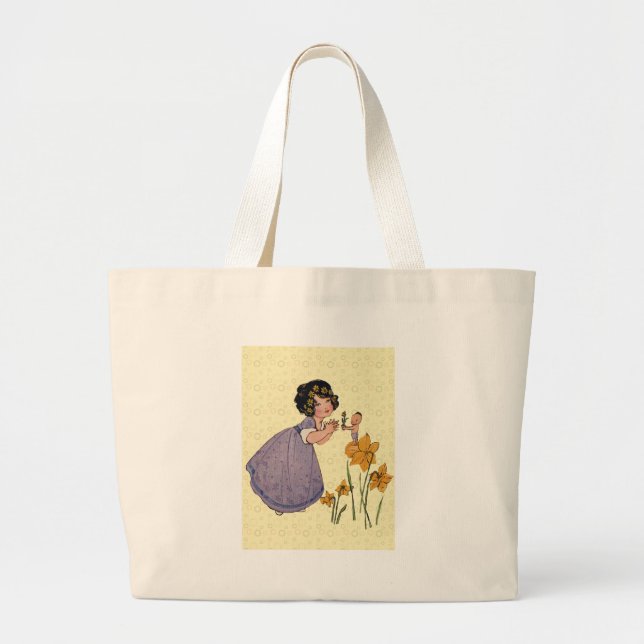 Girl Elf Fairy Daffodil Antique Easter Large Tote Bag (Front)
