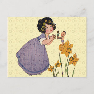 Girl Elf Fairy Daffodil Antique Easter Postcard