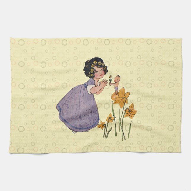 Girl Elf Fairy Daffodil Antique Easter Tea Towel (Horizontal)
