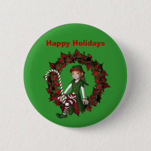 Girl Elf On Wreath Christmas Holiday Button Pin