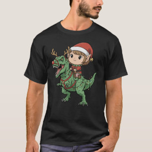 Girl Elf Riding T-Rex Funny Christmas Dinosaur T-Shirt