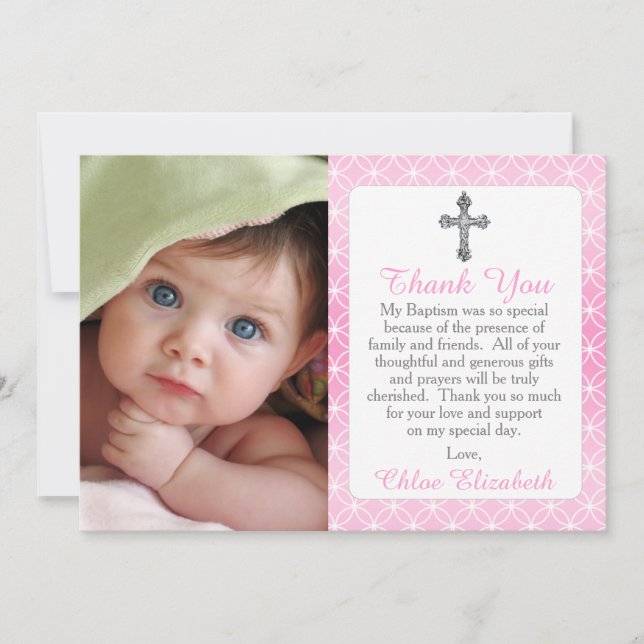 Girl Eternity Rings Cross Photo Baptism Thank You Card (Front)