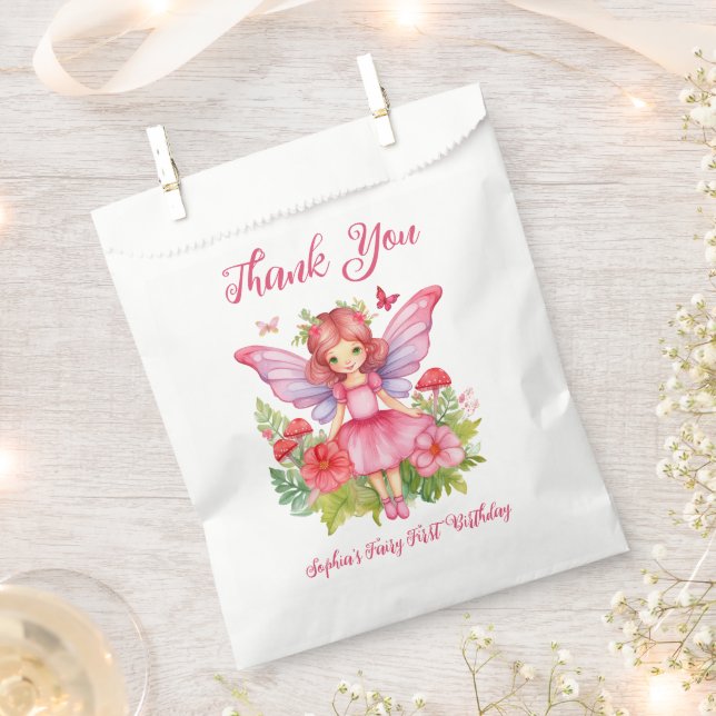 Girl Fairy First Birthday Cute Pink Watercolor Favour Bag (Clipped)