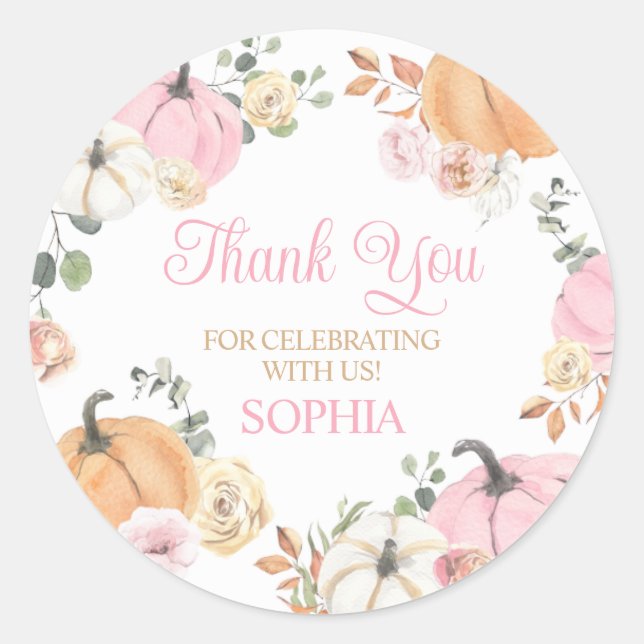 Girl Fall Pumpkin First Birthday Party Classic Round Sticker (Front)