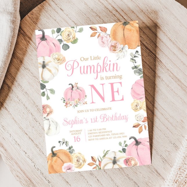Girl Fall Pumpkin First Birthday Party Invitation (Girl Fall Pumpkin One First Birthday Party Invitation)