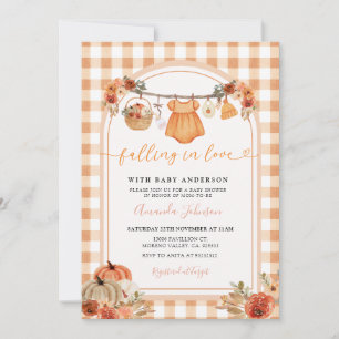 Girl Falling In Love Orange Gingham baby Shower Invitation
