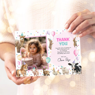 Girl Farm Animals Balloon Confetti Birthday Party Thank You Card