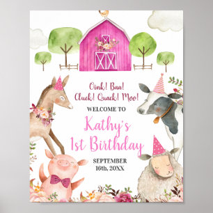 Girl Farm Animals Barnyard 1st Birthday Welcome Poster