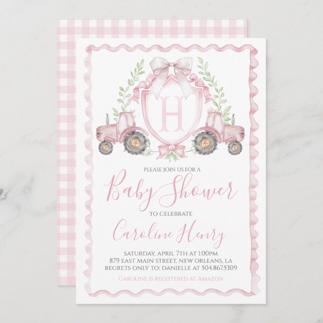 Girl Farm Baby Shower Gingham Pink Invitation (Front/Back)