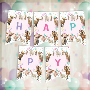 Girl Farm Barnyard Animals Confetti Happy Birthday Bunting