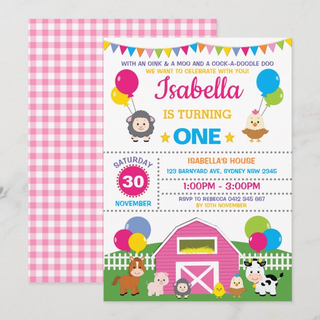 Girl Farm Barnyard Birthday Party Pink Petting Zoo Invitation (Front/Back)