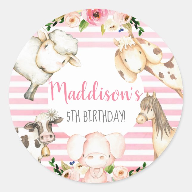 Girl Farm Birthday Invitation Classic Round Sticker (Front)