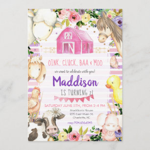 Girl Farm Birthday Invitation pink and purple