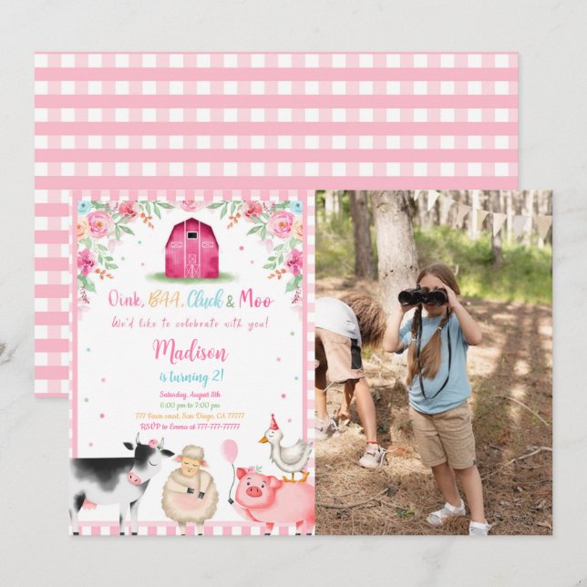 Girl Farm Birthday Party Photo Invitation (Front/Back)