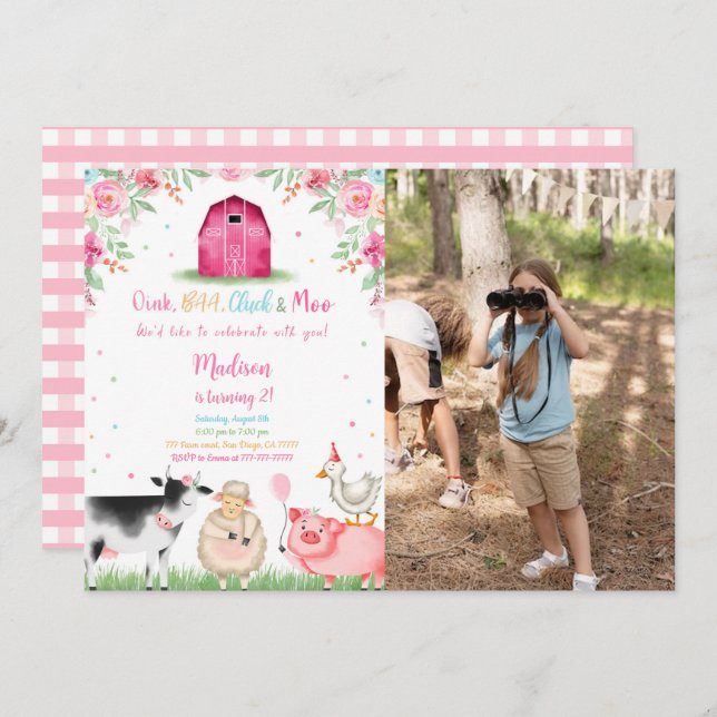 Girl Farm Birthday Photo Invitation (Front/Back)