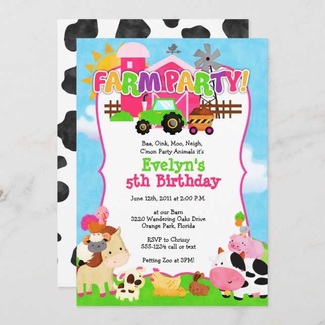 Girl Farm Invitation - Farm Birthday for Girls (Front/Back)