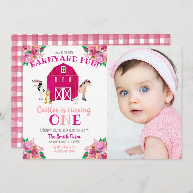 Girl Farm Pink Barnyard Birthday Bash Cow Horse Invitation (Front/Back)