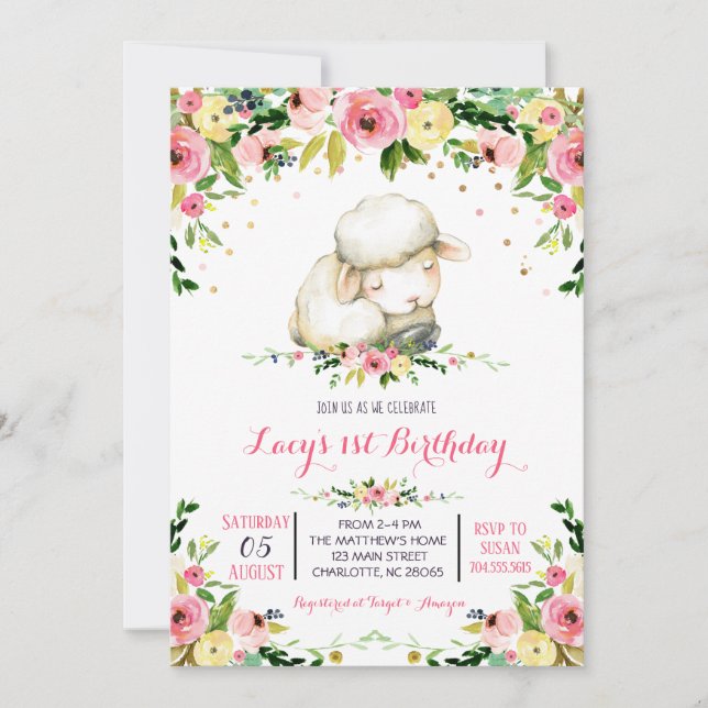 girl farm sheep birthday invitation (Front)