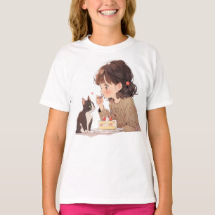 Girl Feeding Cat Illustration T-Shirt Cute Anime