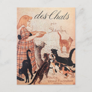 Girl Feeding Cats Vintage Steinlen Poster Postcard