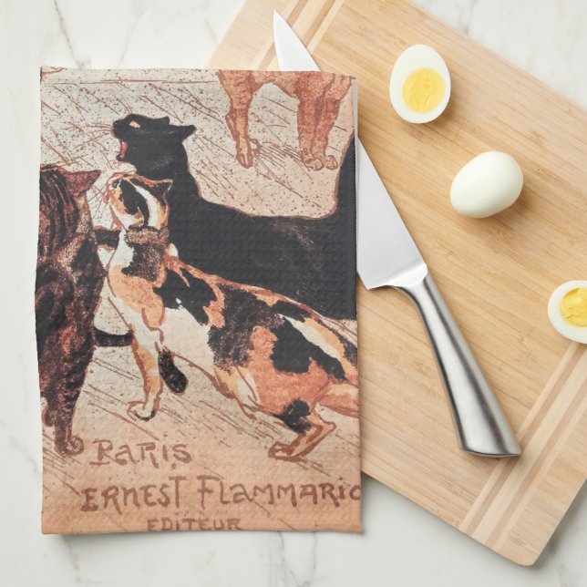 Girl Feeding Cats Vintage Steinlen Poster Tea Towel (Quarter Fold)