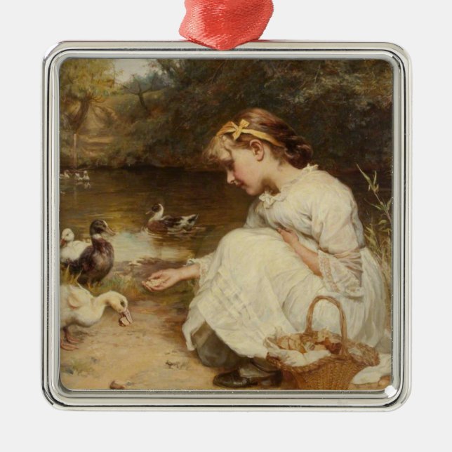 Girl Feeding Ducks (by Frederick Morgan) Metal Ornament (Front)