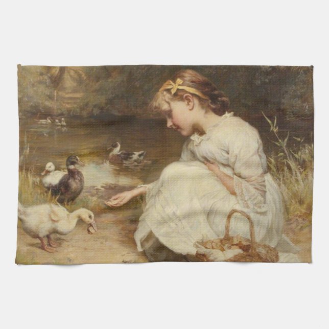 Girl Feeding Ducks (by Frederick Morgan) Tea Towel (Horizontal)