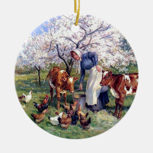 Girl Feeding Farm Animals Painting Ceramic Ornament