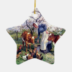 Girl Feeding Farm Animals Painting Ceramic Tree Decoration