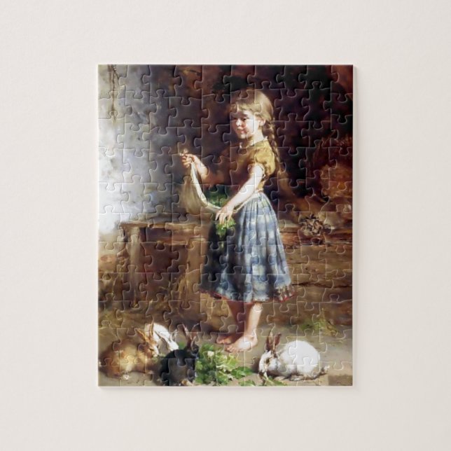 Girl feeding Rabbits Bunnies painting Jigsaw Puzzle (Vertical)