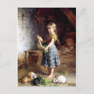 Girl feeding Rabbits Bunnies painting Postcard