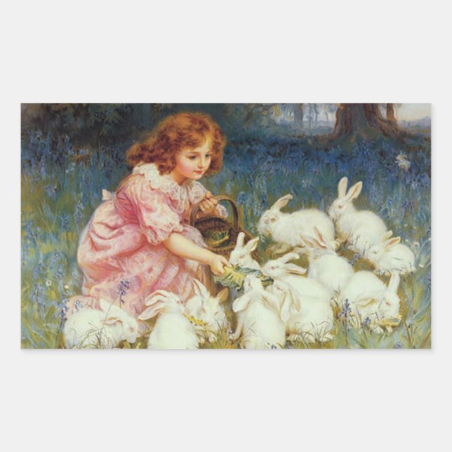 Girl feeding rabbits rectangular sticker (Front)