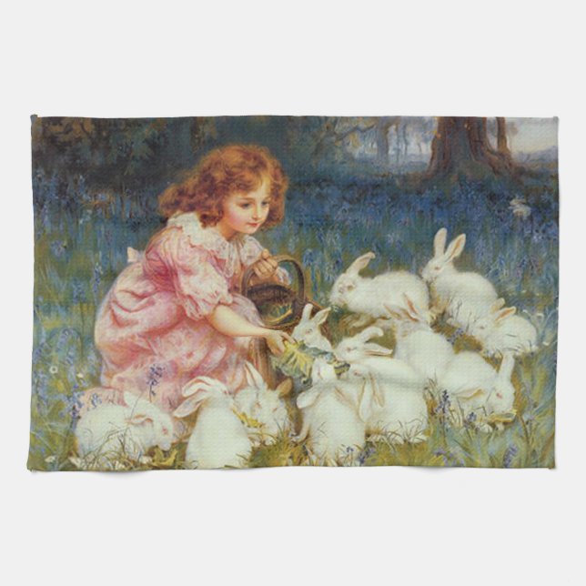 Girl feeding rabbits tea towel (Horizontal)