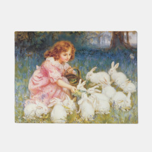 Girl Feeding the Rabbits (by Frederick Morgan) Doormat