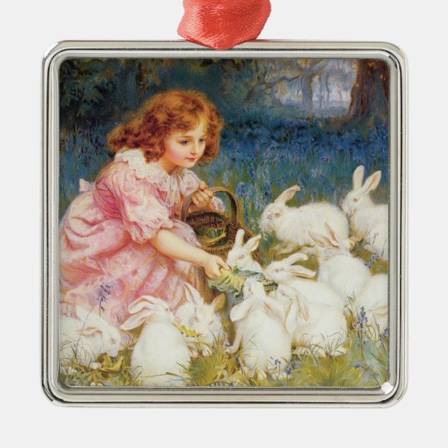 Girl Feeding the Rabbits (by Frederick Morgan) Metal Ornament (Front)