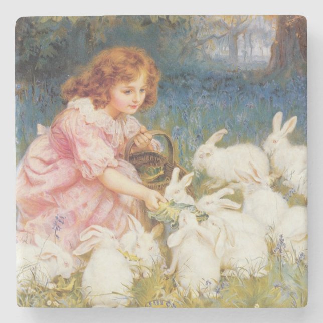Girl Feeding the Rabbits (by Frederick Morgan) Stone Coaster (Front)