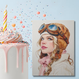 Girl Female Pilot Aviator Watercolor Fun Birthday  Postcard