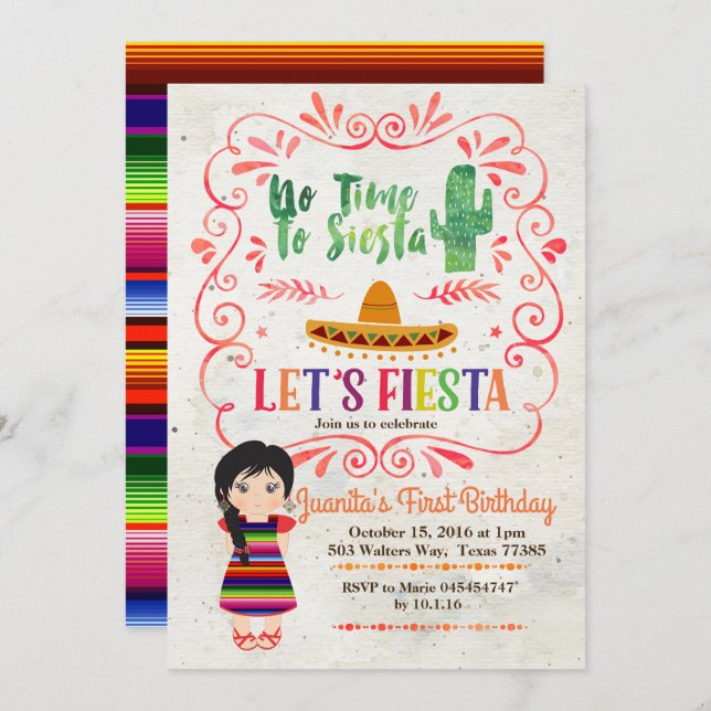 Girl Fiesta 1st Birthday Invitation (Front/Back)
