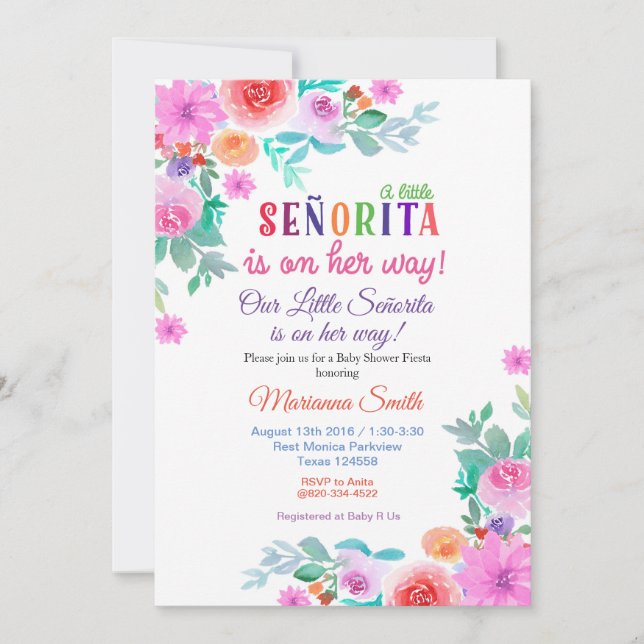 Girl Fiesta Baby shower invitation Floral party (Front)