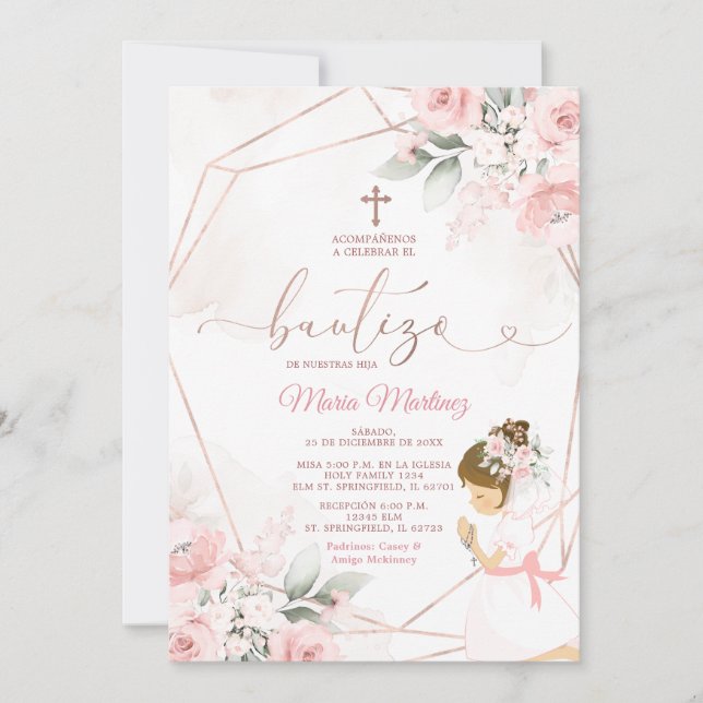 Girl Fiesta Rose Gold Mexican Bautizo Pink Floral Invitation (Front)
