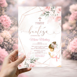 Girl Fiesta Rose Gold Mexican Bautizo Pink Floral Invitation