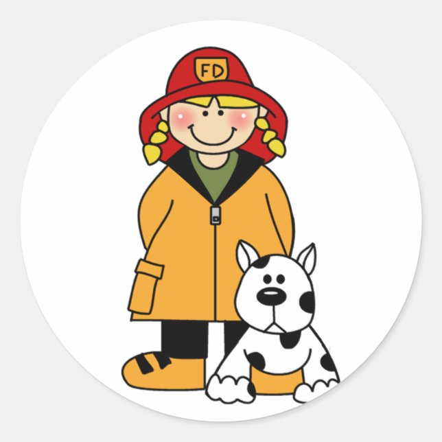 Girl Firefighter With Dalmation Tshirts and Gifts Classic Round Sticker (Front)