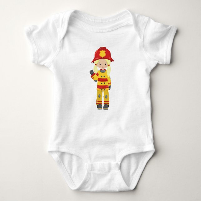 Girl Fireman, Female Firefighter, Blonde Hair Baby Bodysuit (Front)